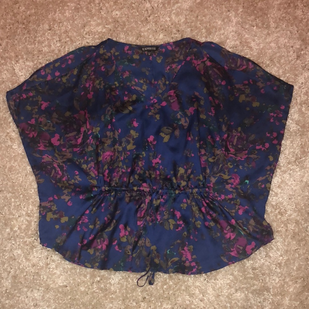Blue floral batwing silk top